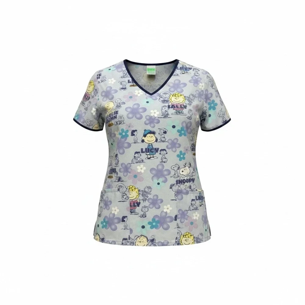 Peanuts Charlie Brown Snoopy Floral Scrub Top V-Neck Medical Uniform Small